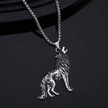 1件复古嘻哈风个性化狼吊坠项链，男女通用毛衣链配饰 - 復古銀色 - 查看 2