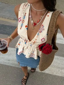 Blusa sin mangas con escote en V profundo, estampado geométrico y volantes en el bajo para mujer, estilo bohemio - Multicolor - Ver 3