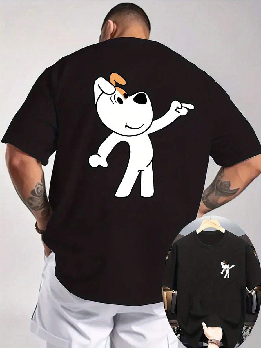 2026 Camiseta de Manga Corta Deportiva Casual para Hombre, Cuello Redondo Acanalado, Impresión Frontal y Trasera de Doble Cara, Tejido de Punto, Refrescante y Cómoda, Impresión de Perro de Dibujos Animados, Adecuada para Actividades al Aire Libre, Camiseta de Manga Corta de Verano.% Algodón - Negro - Ver 1