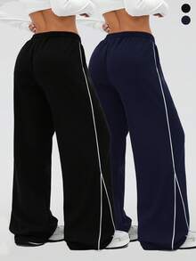 两件套女士秋冬华夫格纹宽松慢跑裤，带口袋和撞色侧条纹设计，直筒休闲裤，适合户外跑步、健身房锻炼和街头穿着。 - 彩色 - 查看 2