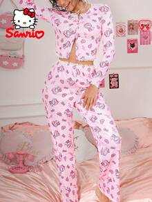Sanrio 三丽鸥女士两件套HelloKitty粉色睡衣，蕾丝拼接，爱心蝴蝶结印花，甜美可爱，家居服，可爱睡衣套装，休闲服套装 - 粉色 - 查看 5