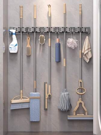1pc Modern Metal Wall Mounted Broom And Mop Holder, Adjustable Garden Tool Storage Rack, Suitable For Laundry Room, Closet, Shed, Garage, Includes Rake, Shovel, Broom Holders