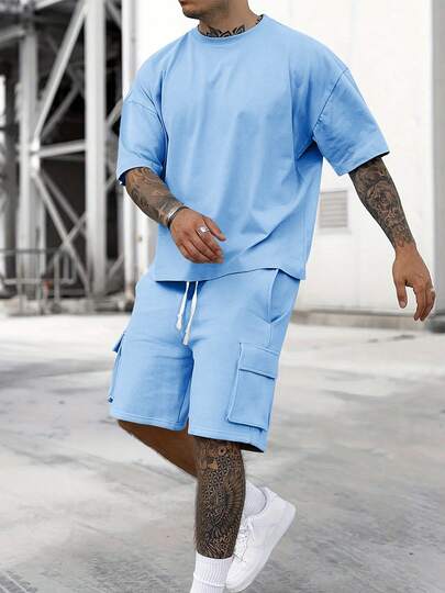 2pcs/Set Men's Casual Loose Fit T-Shirt And Cargo Shorts Set, Men Tracksuit Set,Men Short Sets,Men's Holiday Clothes,Summer Holiday Outfit, Cozy Outfits,Casual Beach Vacation Travel Outfits