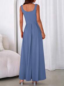 Women Summer Sleeveless Square Neck High Waist Flowy Long Dress Elegant Formal Wedding Guest Cocktail Valentine Long Maxi Dress Outfits - 灰藍色 - 查看 2