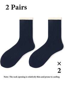 1 双/2 双男女款薄款条纹中筒袜，百搭休闲，适合秋季日常穿着 - 藏蓝色 - 查看 7
