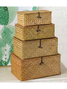 3/1pc Woven Basket With Lid, Rectangular Storage Box, Rattan Storage Basket, Toy Organizer Box, Suitable For Room, Hall, Kitchen, Bedroom Decor, Great For Christmas, Eid, Valentine's Day, Mother's Day, Gift Box - Brown - View 8