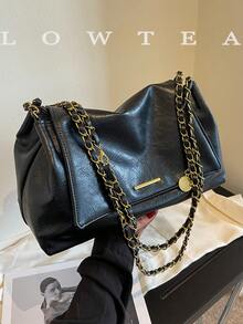 low tea 1 pieza Bolso de hombro de mujer de tela de ante de unicolor, estilo vintage, forma cuadrada, correa de cadena, cierre de solapa, se puede usar como bolso de hombro o bandolera, adec - Negro 3 - Ver 5
