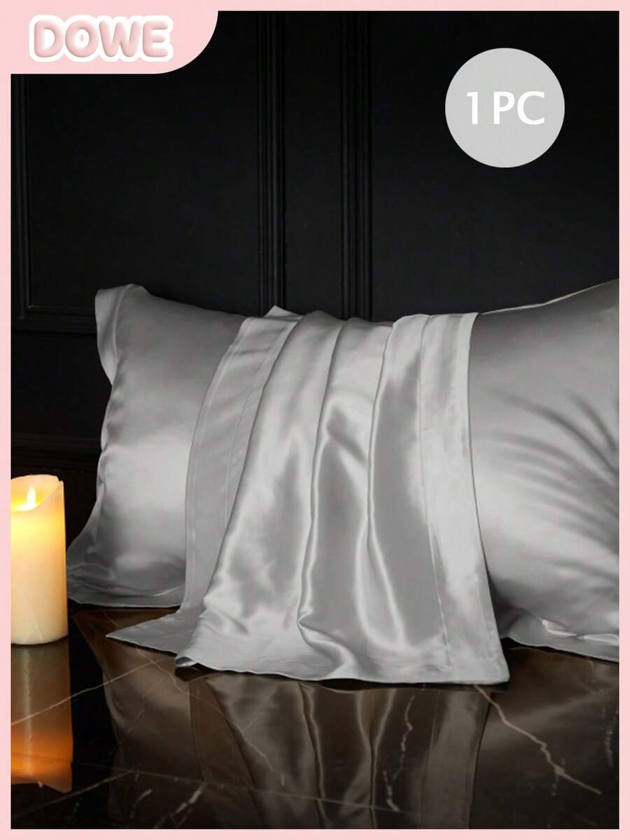 1pc, Solid Color, Soft & Breathable, Satin Trim Decorative Pillowcase (Pillow Insert Not Included), Please Purchase According To Pillow Size - Silver - View 1