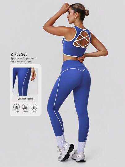 Sodalemon 女士撞色运动套装，美背镂空运动文胸，无前缝训练健身提臀瑜伽紧身裤，户外休闲两件套弹力健身运动套装
