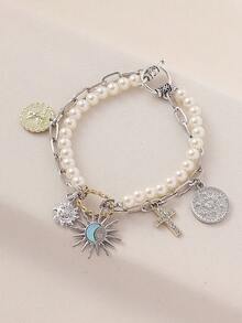 Layered Pearl Chain Bracelet For Women, Sun, Moon, Cross Pendant Charm Bracelet, Design - Multicolor - View 10