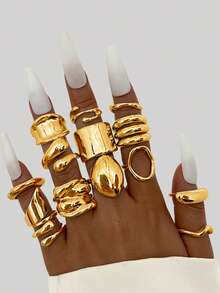 15/14/12/10/4/3pcs Vintage Exaggerated Luxurious Geometric Circle Wide Design Women Metal Gold Bangle And Gold Ring Set, Suitable For Daily Wear And Party/Holiday - Gold - View 6