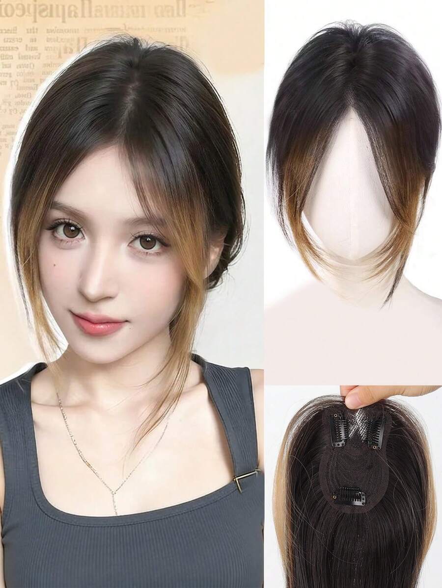 这款16英寸的夹式合成假发片带有刘海，适合头发稀疏的人群，长款层次感设计，渐变金色，适合女性佩戴。 - 彩色 - 查看 1