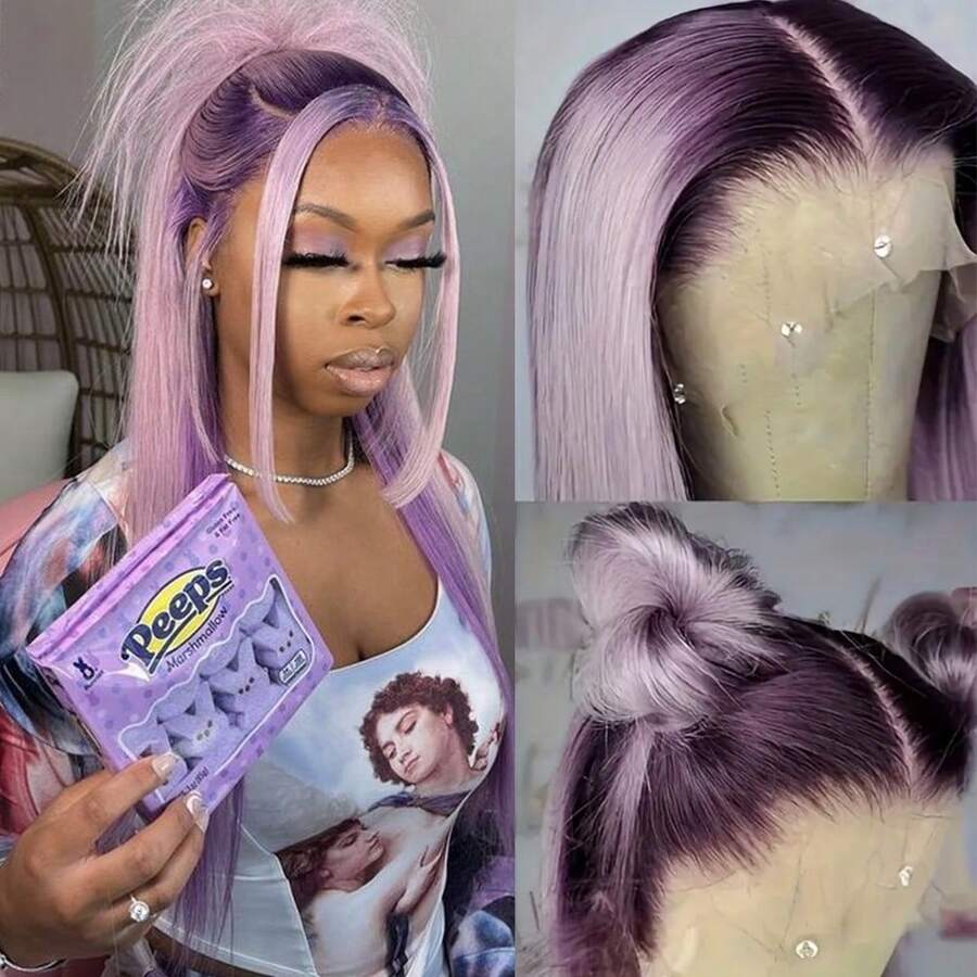 Purple Color Lace Front Wigs Pre Plucked Hairline Long Straight Wigs For Fashion Women Girls Party Daily Wear Glueless Dark Purple Lace Front Synthetic Wigs 13x4 Free Part Heat Resistant Fiber Hair 28 Inch 180% Density - Màu tím ombre - Xem 1