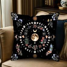 TOPSSCTR 1件黑色主题抱枕套，饰有月亮、星空和花卉图案，神秘装饰枕套，17.7英寸/45厘米复古黑色方形抱枕套，花朵、月亮和猫咪印花枕套，适用于家居书房、办公室装饰（不含枕芯） - 黑色 - 查看 4