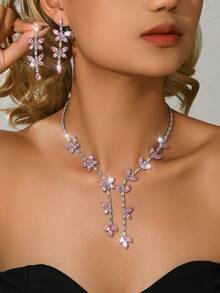 Women's Silver-Tone Butterfly & Floral Rhinestone 2 Pieces Jewelry Set (Necklace+Earrings) - Elegant Bridal Evening Jewelry