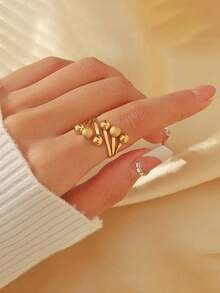 1 pieza Anillo ajustable de acero inoxidable dorado con decoración de bola texturizada, joyería de moda de estilo minimalista vintage para mujeres - anillo - Ver 1
