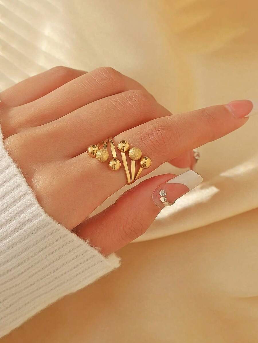 1 pieza Anillo ajustable de acero inoxidable dorado con decoración de bola texturizada, joyería de moda de estilo minimalista vintage para mujeres - anillo - Ver 1