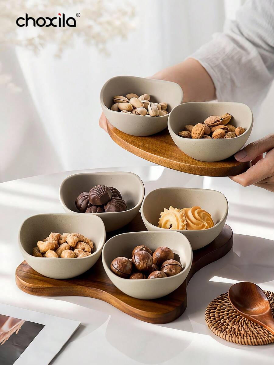 Bộ 1 bát sứ kèm khay gỗ, có thể đựng kẹo, đồ ăn vặt, các loại hạt, trái cây, đĩa phục vụ vuông 2/3/4 kiểu dáng sáng tạo, thích hợp cho gia đình, nhà hàng, tiệc tùng. - Cái mâm - Xem 1