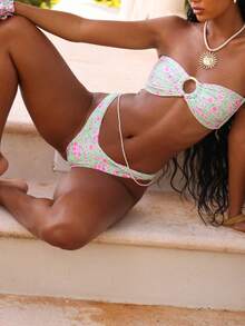 Women 2 Pieces Bikini Swimsuits Floral Print Padded Bra Strapless Tube Tops Thong Bottoms Beach Bathing Suit Set - màu xanh lá - Xem 5