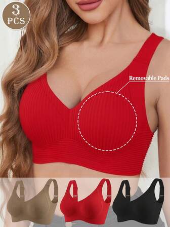 3 piezas Sujetador sin costuras con almohadillas desmontables y efecto push-up inalámbrico para mujer