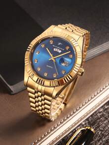 Reloj de cuarzo clásico para hombres RICECGO, esfera redonda con pantalla de fecha, correa de acero inoxidable, adecuado para uso diario, un regalo ideal para cumpleaños y profesionales de negocios - Dorado - Ver 4