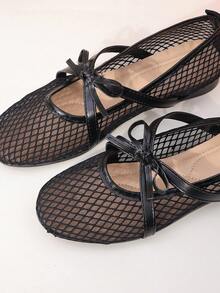 1 Pair Of Black Mesh Butterfly Crossed Flat Shoes For Teenagers, With Mesh And Glossy Material On The Upper, Butterfly Decoration, Round Toe Low Top Style, Breathable Flat Bottom, Cool And Sweet Style, Suitable For Campus Commuting And Weekend Shopping - Black - View 7