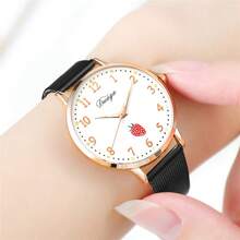 草莓元素女士腕表，玫瑰金表壳，网状表带石英腕表 - 黑色 - 查看 3