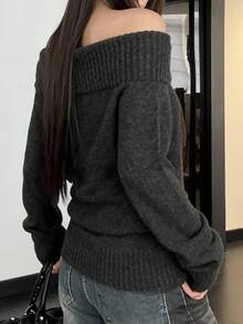 [Y6Y] 女士优雅露肩针织毛衣，长袖修身百搭套头衫