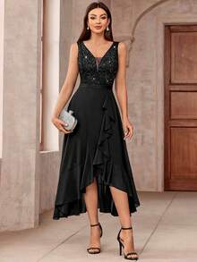 MIUSOL Elegant Women's Sleeveless Deep V-Neck Contrast Sequin Lace Maxi Dress, Bodice A-Line Chiffon Gown With Ruffle High-Low Hem, For Wedding Guest, Prom, Formal Evening Party - màu đen - Xem 1