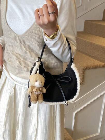 驼色麂皮羊毛饰边单肩包 | 女士可爱蝴蝶结装饰腋下斜挎包