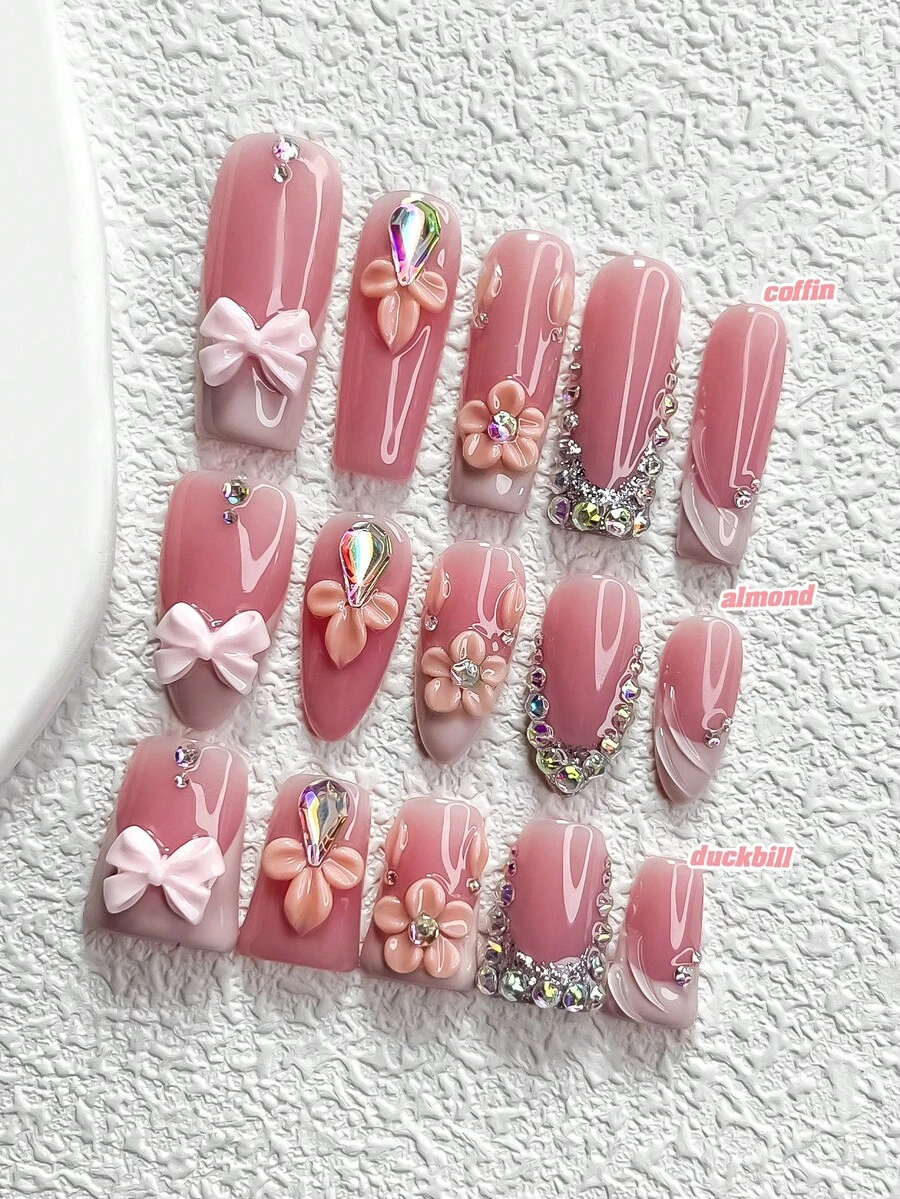 10pcs Shiny AB Rhinestone Nail Stickers, Pinched Flower Nail Stickers, French Fake Nails, Bow Nail Jewelry, Pink Nail Gel, 3 Sizes Available (Almond, Duck Bill, Coffin), Includes Nail Tools (1 Jelly Sticker + 1 Nail File), Suitable For Parties, Gatherings, And Daily Wear Nail Supplies Handmade Press On Nails - 彩色 - 查看 1