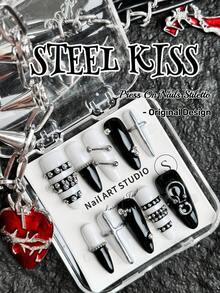 原创设计，手工制作，10件套朋克风亚克力美甲套装，按压式尖头美甲片，白色透明甲片，黑色法式甲片，Y2K美甲，3D十字架，独特造型，重金属朋克美甲。完美展现指尖的铬合金铆钉，增添个性魅力。 - 彩色 - 查看 7