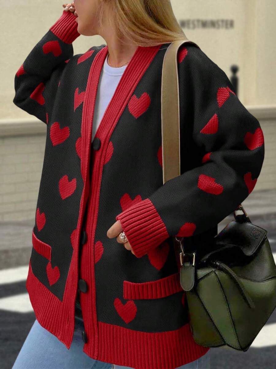 Womens Oversized Heart Cardigan Color Block V Neck Button Long Sleeve Chunky Valentines Sweaters - màu đen - Xem 1