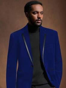 2026 Men's Casual Blazer & Pant Set  Men's 2 Piece Velvet Suit Peak Lapel One Button Slim Fit Tuxedo Blazer Party Dinner Jacket & Pants Relaxed Stretch Fit For Smart Casual Events - 藍色拼接翻領 - 查看 3