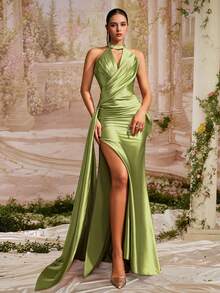 VIPGIRL Robe de soirée longue en satin vert olive, dos nu avec fines bretelles, design creux à l'avant, jupe drapée avec fente haute, style déesse, tenue de cérémonie de luxe pour femme, look tapis rouge, robe de festival du printemps Eid