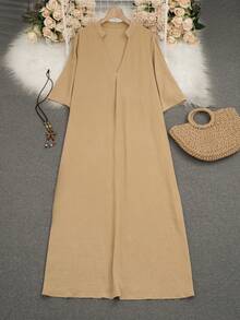 Casual Women's Woven Fabric Midi Dress Half Sleeve V Neck Tunic Style Summer Elegant - Khaki - View 3