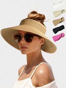Women's Wide Brim Straw Sun Hat, Foldable Soft Beach Hat With Ponytail Hole Vacation Outfits - Multicolor - View 1