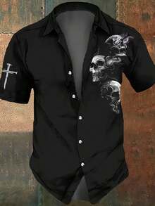 Men'S Lightweight Polyester Shirt With Skull Graphic - Casual Short Sleeve Button-Up, Machine Washable, Sporty & Stylish For Summer, Regular Fit, Nonelastic Fabric, Smooth Texture, Everyday Shirt |   Bold Pattern Shirt |   Smooth Texture Shirt - 彩色 - 查看 9
