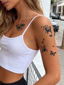 CAT QUEEN ART 6pcs/1pc Semi Permanent Tattoo Stickers, Dark, Sweet And Cool Style, Sweet Y2K Heart, Butterfly, Teddy Bear, Angel, Snake, Flame, Star And Other Element Patterns, Suitable For Valentine's Day Party Gifts, Suitable For Wrist, Ankle, Shoulder, Neck, Collarbone DIY, Natural Plant Ingredients, Temporary Fake Tattoos, 1-2 Weeks Non Fading, Non Reflective, Waterproof And Realistic Tattoo Stickers - Blue - View 3