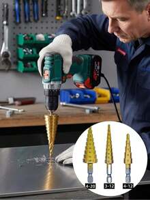 6pcs Titanium Coated High Speed Stepped Drill Bit Set, High Precision Titanium Alloy Countersink Drill Bits, Multi-Size, Multi-Purpose Drilling Tool For Wood, Metal And Plastic Materials, Ideal For Woodworking, Metalworking And Home Improvement - Gold - View 6