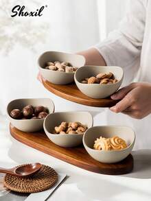shoxil 1 Set Rustic Ceramic Snack Bowls With Rosewood Tray, 2/3/4 Compartment Multi-Use Dried Fruit Nut Dish, Creative Divider Plate For Serving Sliced Fruits, Suitable For Home, Restaurant, Party - Bowl - View 12