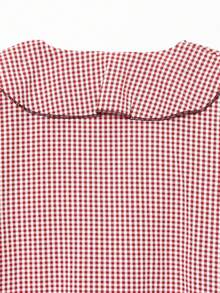 Blusa casual colegial con mangas largas, volantes/flecos y lazo delantero a cuadros para mujer - Rojo - Ver 8