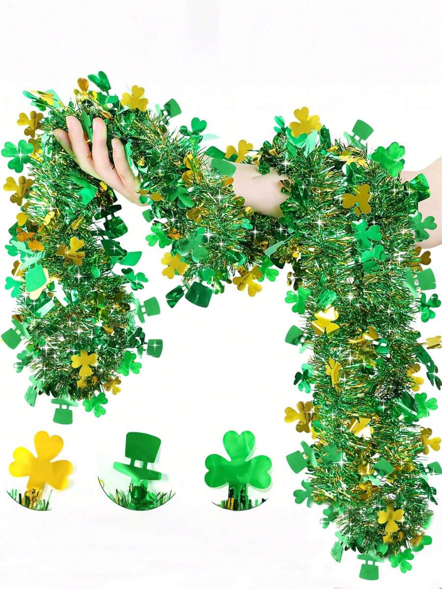 4pcs St. Patrick's Day Decorative Wreaths, Gold & Green Clover Hat Shaped Metal Wire Wreath, Shiny Metallic Ribbon Twisted Wreath, Suitable For Indoor/Outdoor St. Patrick's Day Home Decor, Irish Party Supplies - Multicolor - View 1