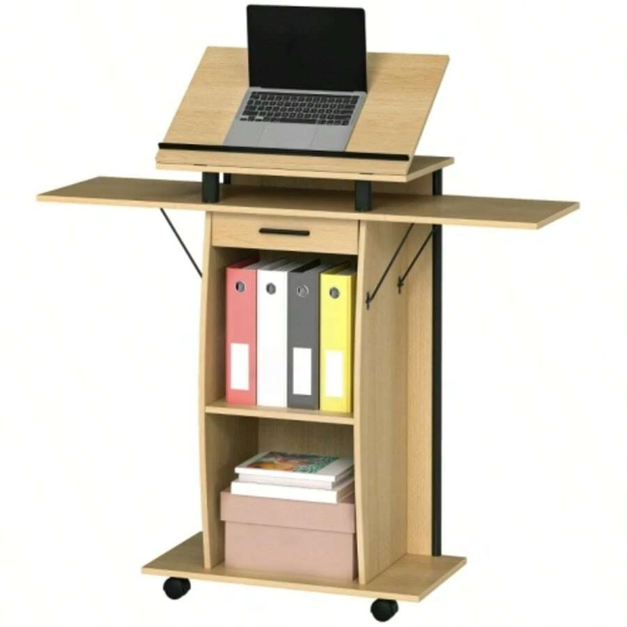 Rolling Podium Stand, Lectern With Folding Side Wings, Laptop Table With Drawer And Shelves, Oak Look - Khaki - View 1