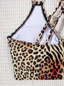 女士豹纹性感打结比基尼套装，适合海滩度假 - 暗紅豹紋 - 查看 5