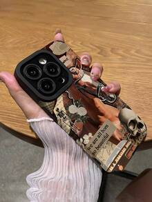 1pc Newspaper Collage Skull & Horse Pattern Textured Anti-Slip Anti-Drop Soft Leather Phone Case, Compatible With Apple And Galaxy 17/17AIR/17PRO/17PROMAX - Multicolor - View 5