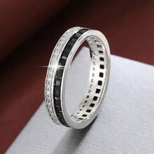 1pc Minimalist Geometric Black & White Double Circle Design Cubic Zirconia Women's Ring, Casual Gift - Multicolor - View 2