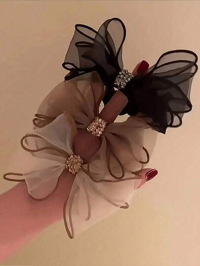 1/3pcs Shiny Rhinestone Mesh Bow Hair Scrunchies - Elegant High Elasticity Non-Slip Hair Accessories, Suitable For Women And Girls, Ideal For Autumn Parties, Travel, Dates, Daily Wear And Holiday Gifts