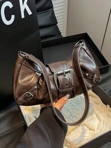Y2K Vintage Soft Distressed Leather Motorcycle Bag With Rivet, Buckle, Pleated Cloud Decor, Shoulder/Underarm Bag, Suitable For Work, Commute, Date, Party, Street & Japanese Bag For Women, Halloween Purse Perfect For Fancy Party Halloween Fashion & Gothic Fashion - Cà phê nâu - Xem 9