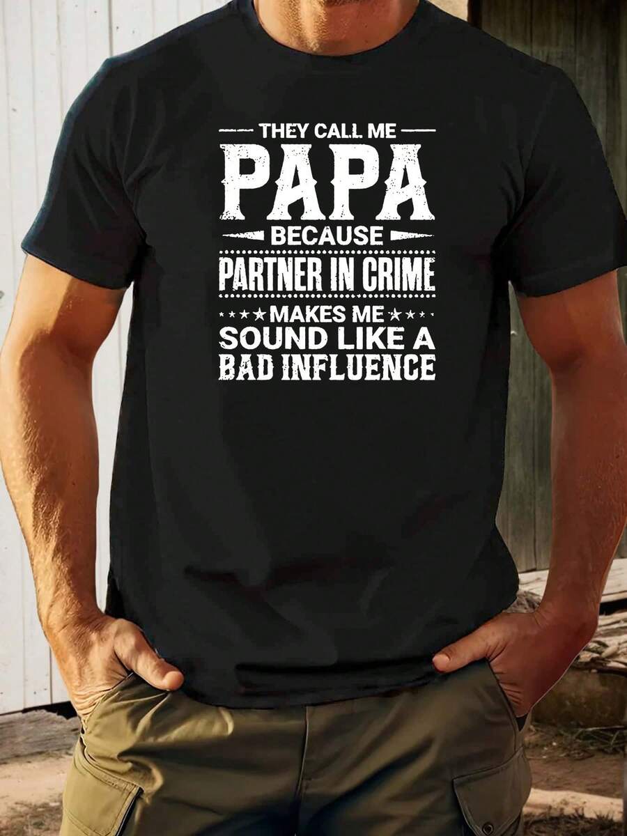 Camiseta gráfica para hombres; Llaman a Mi PAPÁ; Camiseta verde casual de manga corta de verano con texto blanco en negrita. Cuello Redondo de Ajuste Regular para Atuendo Casual. Ropa de declaración. Ajuste cómodo - Negro - Ver 1